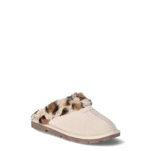 New Joyspun Women’s Size 9 Suede Slippers with Leopard Faux-Fur Trim, Lug Sole